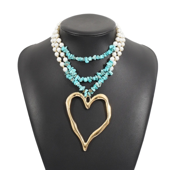 Heart Necklace Gold Pendant Turquoise and Pearl Strands - Picture 5 of 15